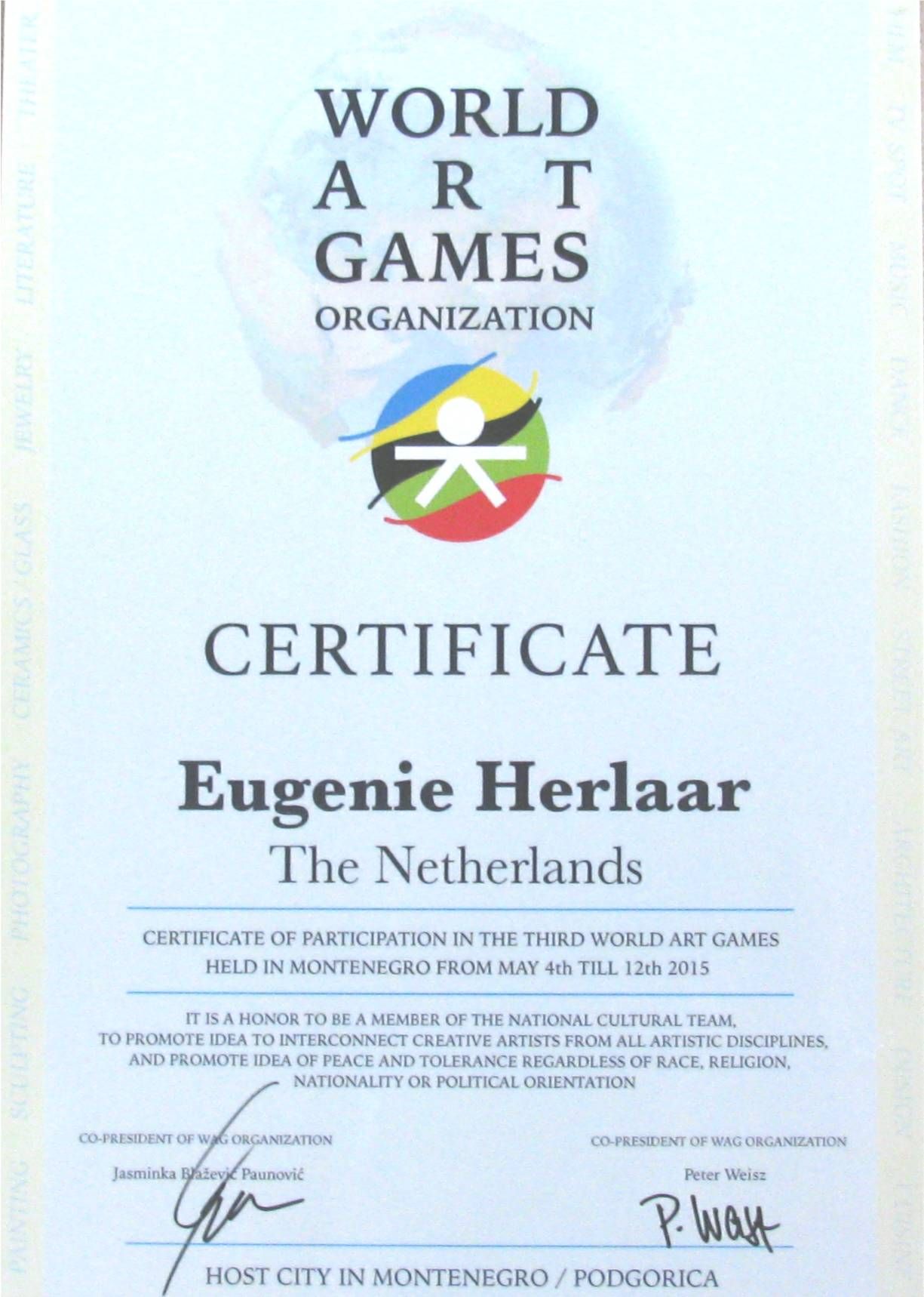 Deelnamecertificaat van de World Art Games Organization op naam van Eugenie Herlaar, Montenegro 2016