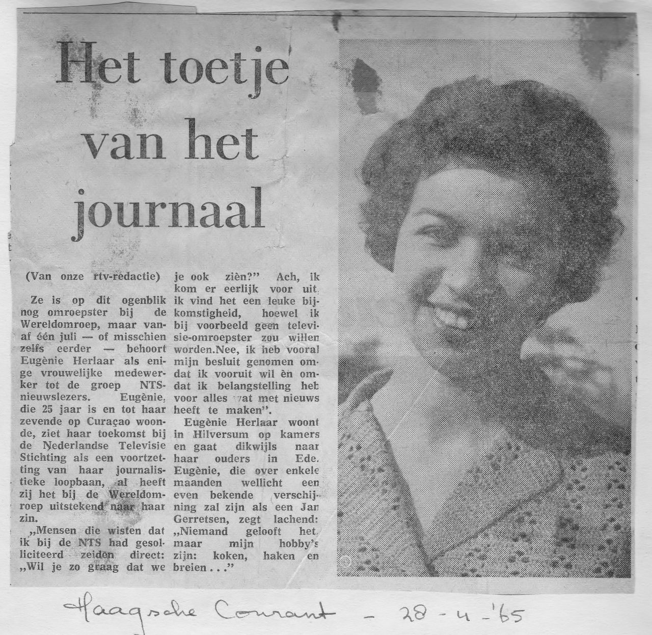 Krantenknipsel uit de Haagsche Courant van 1965 met de kop ‘Het toetje van het journaal’ en een portretfoto van Eugènie
