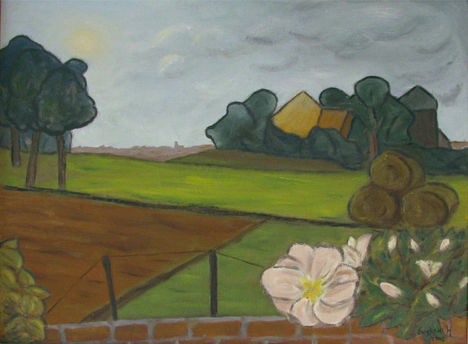 Klimroos met landschap — schilderij van Eugènie Herlaar