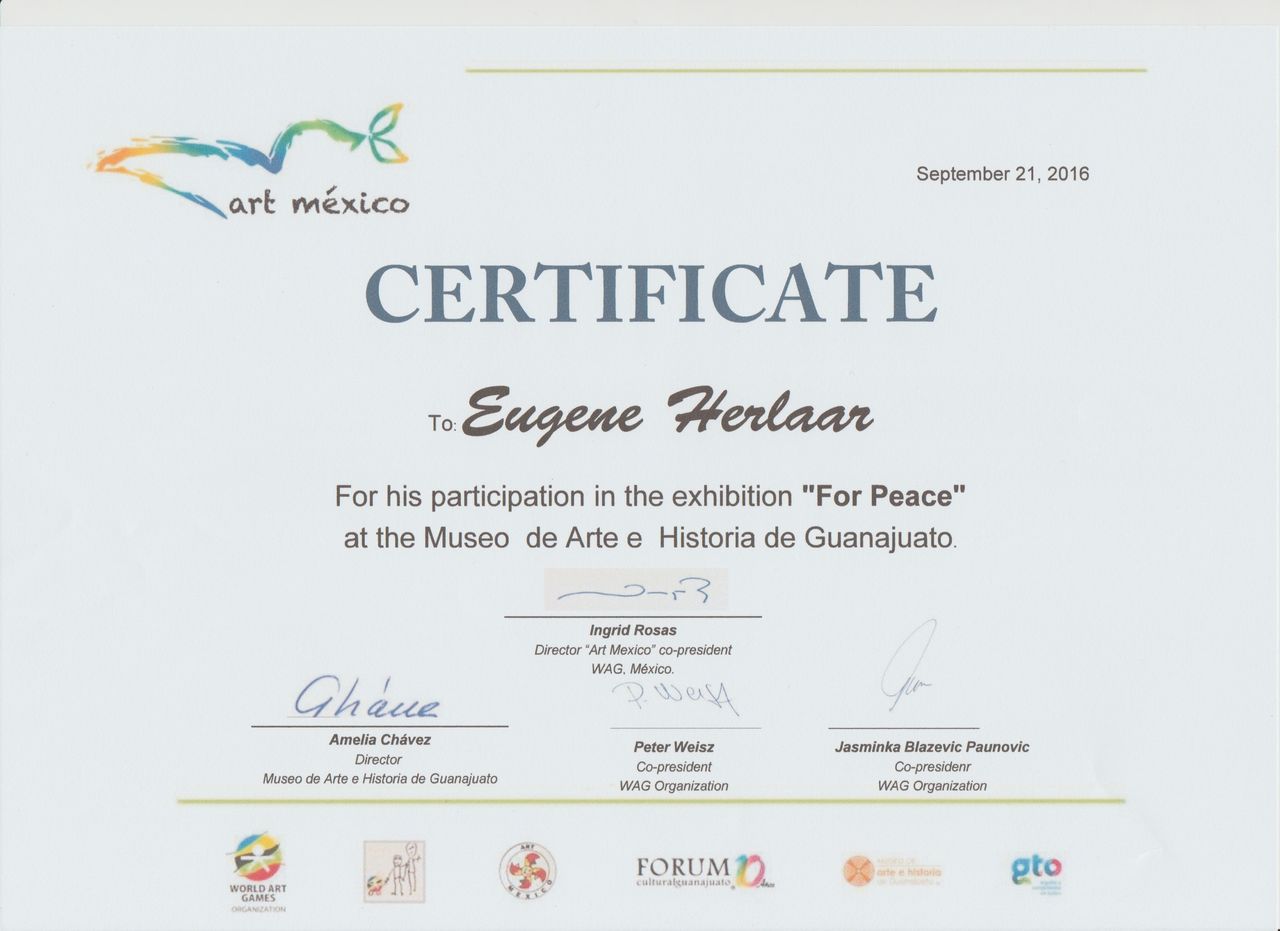 Certificaat van Art México voor deelname aan de expositie ‘For Peace’ in het Museo de Arte e Historia de Guanajuato