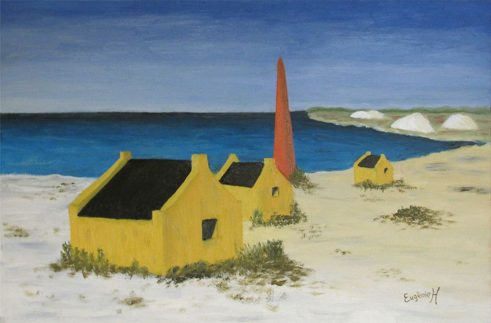 Slavenhutten Bonaire — schilderij van Eugènie Herlaar