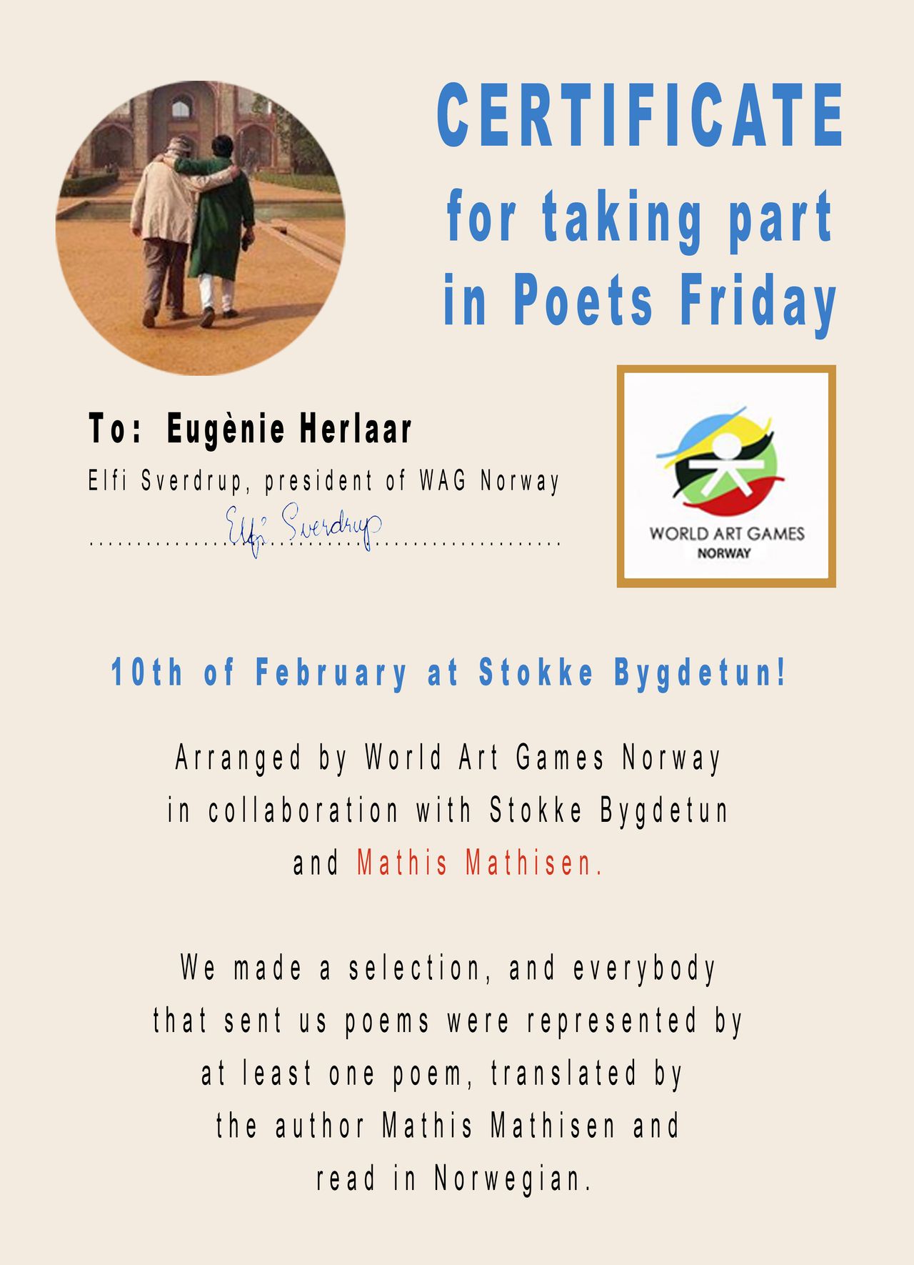 Certificaat ‘for taking part in Poets Friday’ van World Art Games Norway
