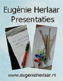 Logo van Eugènie Herlaar Presentaties: een notitieblok, pen en penselen